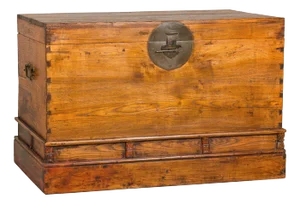 19th Century Large Late Qing Dynasty Elm Blanket Chest with Brass Hardware and Warm Patina
