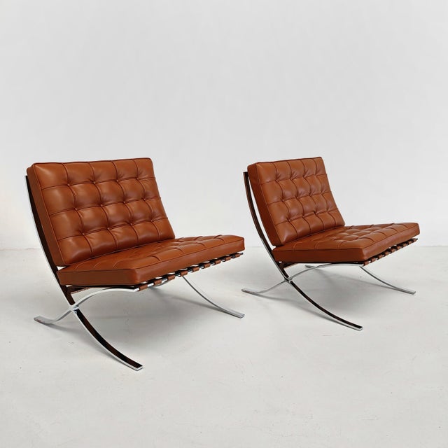Barcelona Lounge Chairs in Tobacco Leather by Ludwig Mies van der Rohe for Knoll, 2010s, Set of 2, in Flawless conditions....