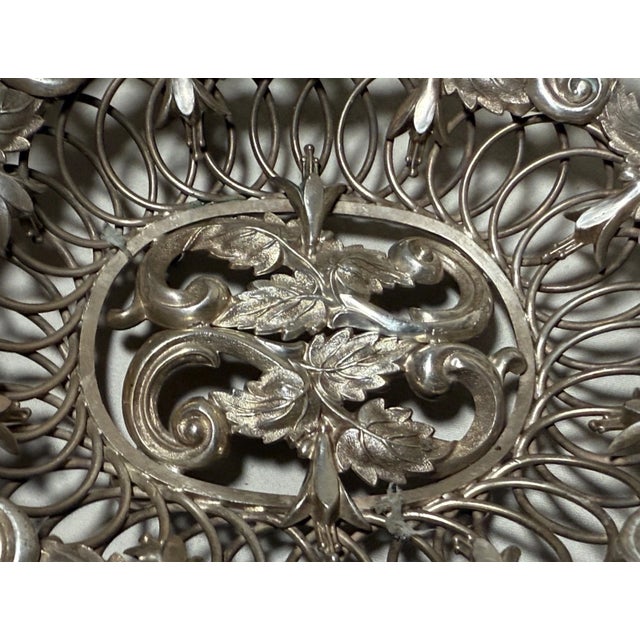 Metal Share Antique Ornate Handmade Silver Plate Repousse Candy Dish Bowl Handle Reticulated For Sale - Image 7 of 10