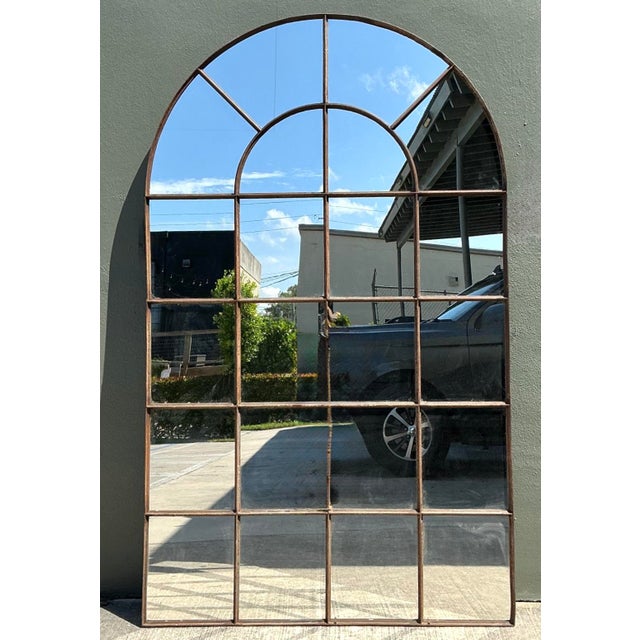 Vintage Monumental Arched Wrought Iron Mirror With Patinated Mullion Detail For Sale - Image 12 of 12