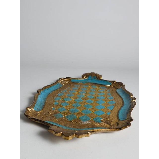 Florentine Neo-Rococo Gilt and Turquoise Tray with Harlequin Pattern, Italy, 1950s For Sale - Image 4 of 18
