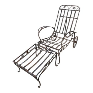 1940s Salterini Mt. Vernon Wrought Iron Wheel Chair Chaise Lounge With Matching Ottoman, 2 Pieces For Sale