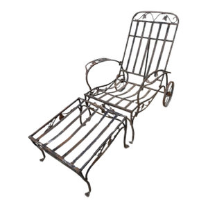 1940s Salterini Mt. Vernon Wrought Iron Wheel Chair Chaise Lounge With Matching Ottoman, 2 Pieces