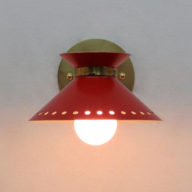 Brass Pair of Red Arlus Wall Lights, 1950 For Sale - Image 8 of 10