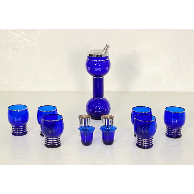 Mid 20th Century Art Deco Era Cobalt Blue Glass Barbell Martini Cocktail Shaker Set From France For Sale - Image 4 of 11