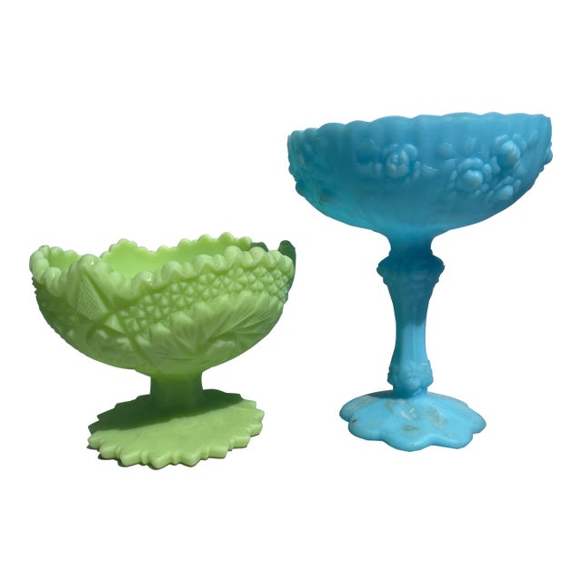 Mid 20th Century Fenton Milk Glass Chalice / Candy Dishes Blue Green - a Pair For Sale