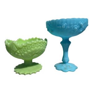 Mid 20th Century Fenton Milk Glass Chalice / Candy Dishes Blue Green - a Pair