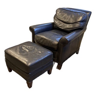 Hancock & Moore Black Leather Chair and Ottoman For Sale