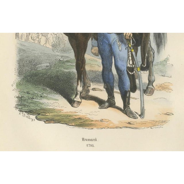 French Hussar with Horse 1795, Napoleonic Era Military Uniform Print This finely hand-colored 19th-century engraving...