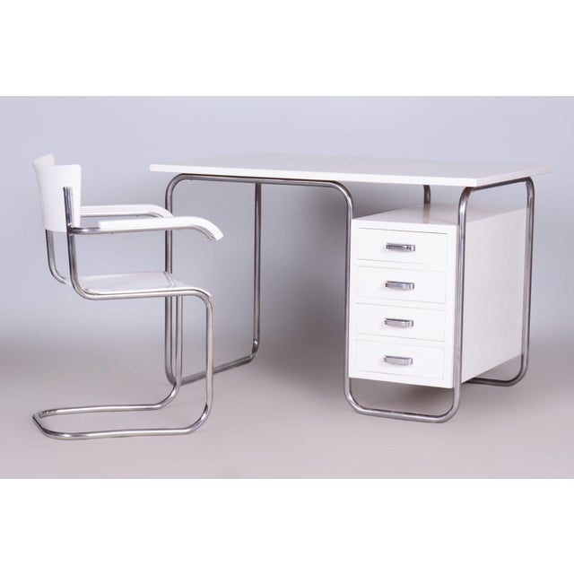 Czech Bauhaus Writing Desk with Chair in Chrome and Lacquered Wood, 1930s, Set of 2 For Sale - Image 4 of 8