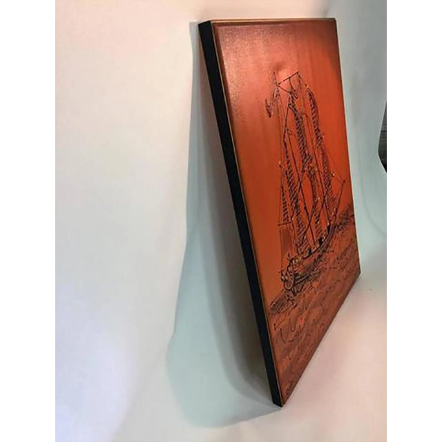 1960s Brutalist Bright Orange Pirates Galleon Oil Painting For Sale In Philadelphia - Image 6 of 9