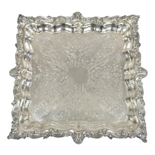 Vintage Birmingham Victorian Style Silver Plated Ornate Square Platter Tray For Sale