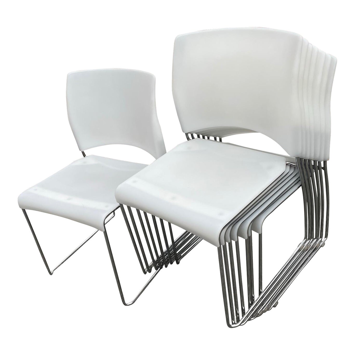 Set of 8 Vintage Chrome Dining /Office Stackable White Vinyl Chairs