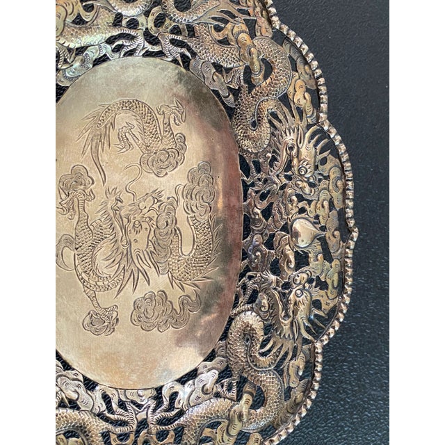 Late 19th Century Wang Hing Chinese Sterling Silver Reticulated Dish With Dragon and Bat Motifs For Sale - Image 4 of 8