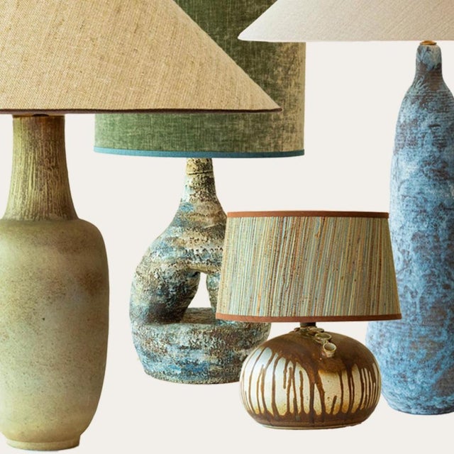 Blue Green Ceramic Floor Table Lamp with Silk Shades attributed to R. Houben, 1970 For Sale - Image 3 of 12