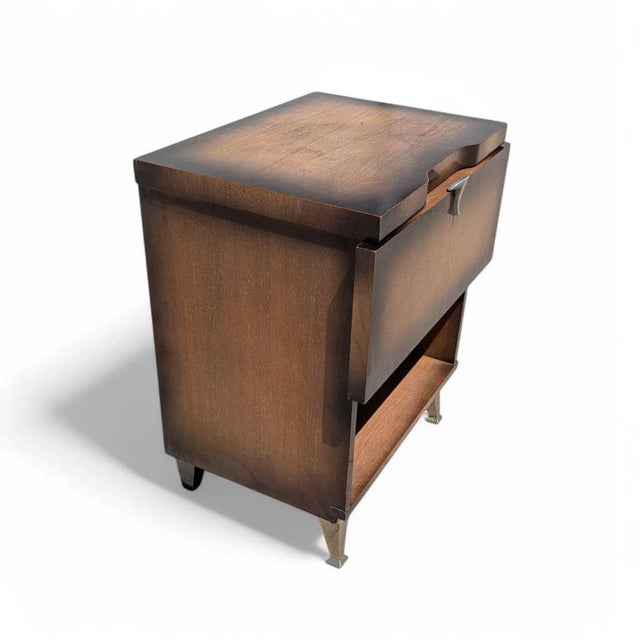 1950s Atomic Walnut Drop-Front Nightstand With Metal Legs, Mid-Century For Sale - Image 10 of 16