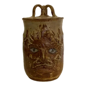 Sculpted Face on Vintage Signed Studio Pottery Ceramic Canister Jar With Lid