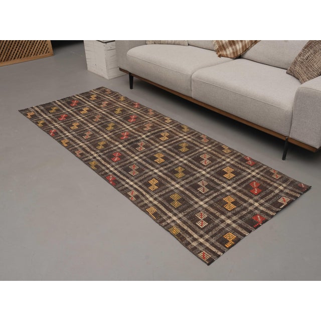 1970s Vintage Handmade Wool Cotton Brown Runner Rug For Sale - Image 11 of 11