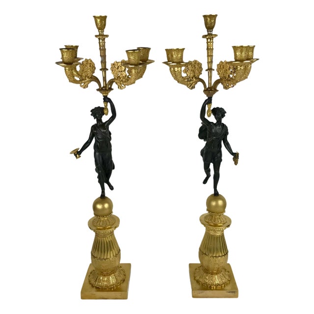 Pair French Empire Figural Bronze Candelabra Signed Chibout For Sale