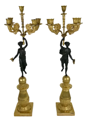 Pair French Empire Figural Bronze Candelabra Signed Chibout