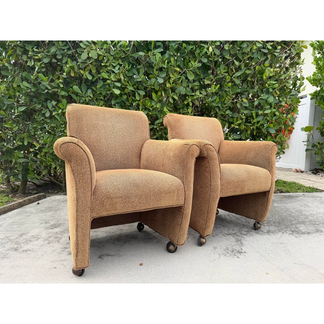 Milo Baughman Vintage Postmodern Rolled Arm Club Chairs With Brass Ball Casters, a Pair For Sale - Image 4 of 12