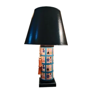 1960s Hand Painted Folk Art Quilt Inspired Table Lamp Unsigned With Edward Shade