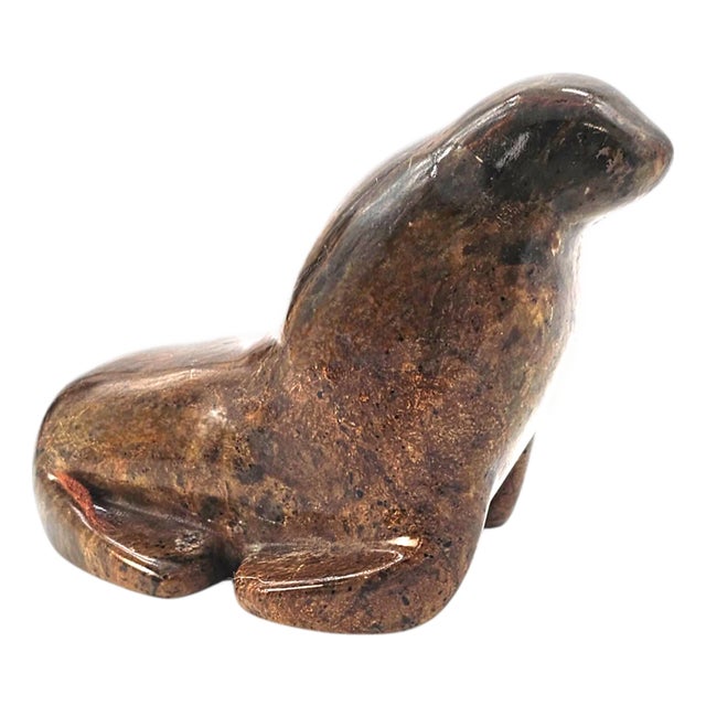 Inuit Hand-Carved Granite Seal Sculpture – Signed Eskimo Folk Art From Alaska For Sale