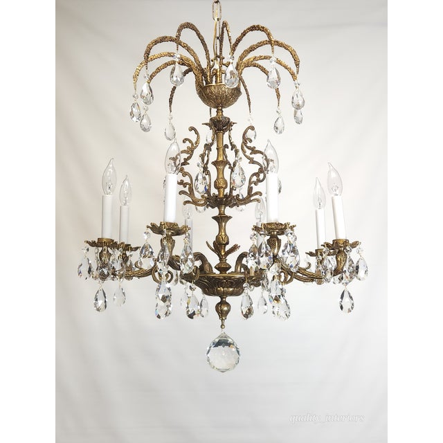 Metal Antique Shimmering Sumptuous Stately Brass Cut Lead Glass Crystal Chandelier For Sale - Image 7 of 11