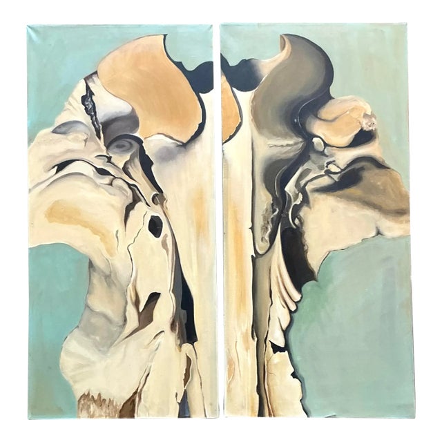 Vintage Boho Original Abstract Diptych on Canvas For Sale