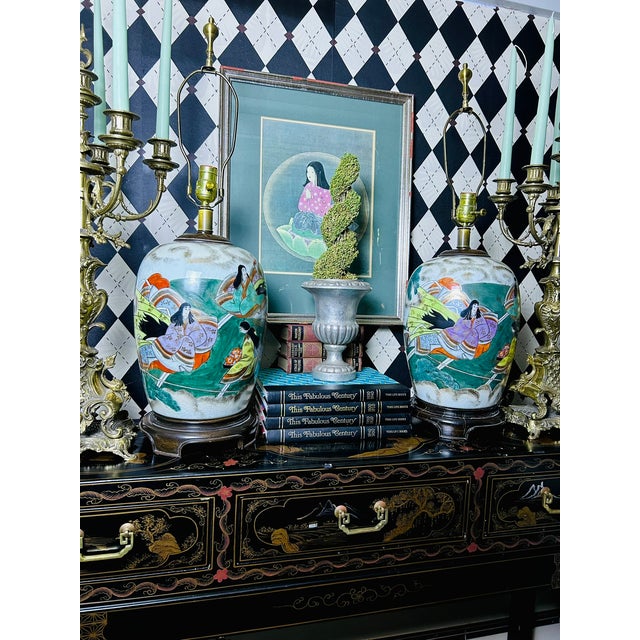 1950s Hand-Painted Japanese Porcelain Tabletop Lamps Pair Court Ladies, Large 32"h For Sale - Image 11 of 18