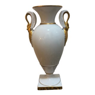 Vintage Neoclassical Empire Style White Porcelain Amphora Vase With Gold Swan Handles For Sale
