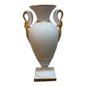 Vintage Neoclassical Empire Style White Porcelain Amphora Vase With Gold Swan Handles