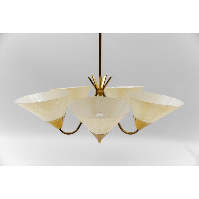 Mid-Century 5-Light Glass & Brass Ceiling Lamp, 1950s For Sale - Image 6 of 16