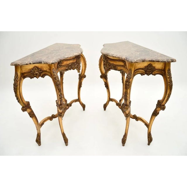 Vintage French Console Tables in Gilt Wood with Marble Top, 1950, Set of 2 For Sale - Image 4 of 13