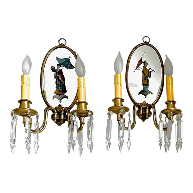 Pair Chinoiserie Eglomise Mirrored Sconces - E F Caldwell For Sale