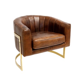 Pasargad Home Vicenza Genuine Leather Barrel Chair, Brown For Sale