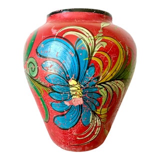 1930s Red Mexican Tonala Hand Painted Vase, Antique Floral Folk Art Pottery For Sale