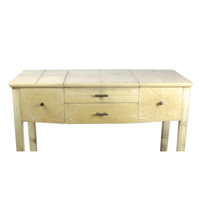 1930s 1930s Scandinavian Modern Parchment-Covered Wood Convertible Vanity Table/Poudreuse With Lift-Top Mirror by Nordiska Kompaniet, Sweden For Sale - Image 5 of 11