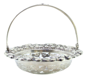 Basket-Shaped Cut Silver Candy Box with Raised Floral Motifs and Hinged Handle