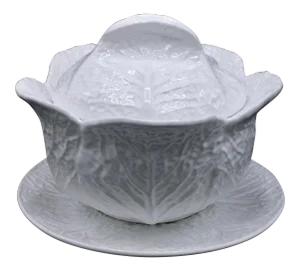 Mid-20th Century White Cabbage Pottery Tureen and Plate Set