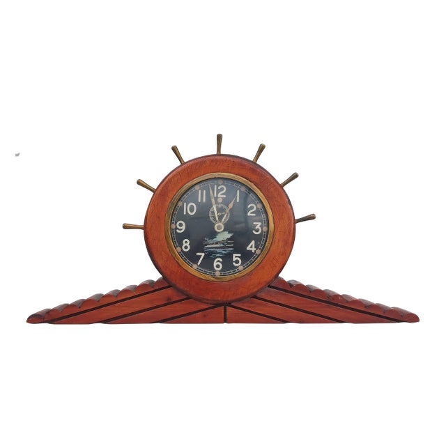 1940's Wwii Chelsea Marine Captain Wheel Mantel Clock in Decorative Solid Wood Display Case For Sale