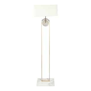 Mid-Century Brass Arch Floor Lamp W/ Textured Glass Medallion & White Marble For Sale