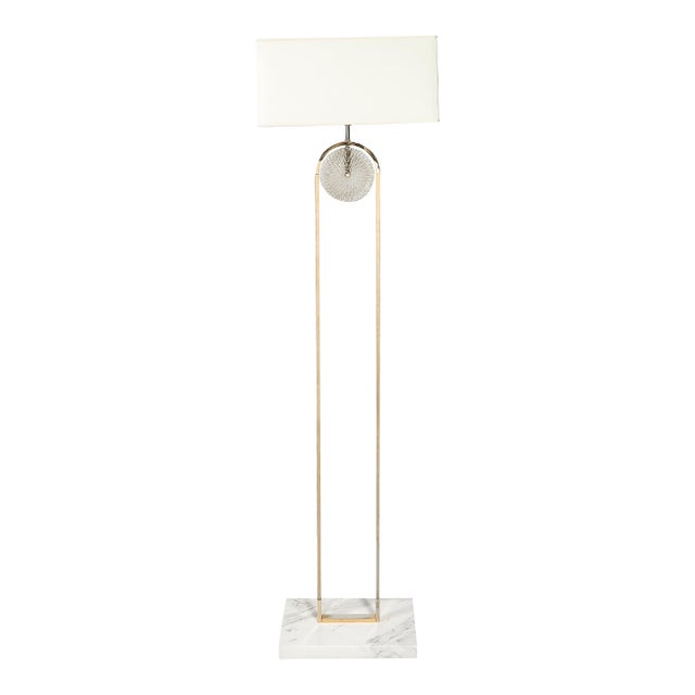 Mid-Century Brass Arch Floor Lamp W/ Textured Glass Medallion & White Marble For Sale