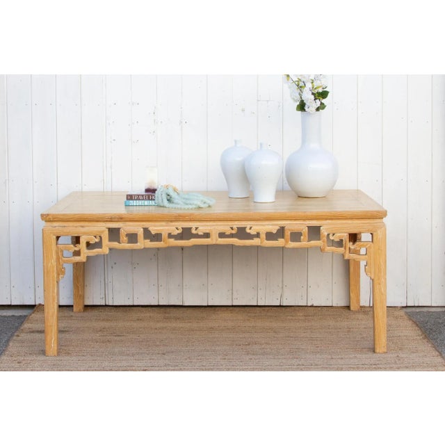 Reclaimed elm wood Qing style rectangular dining table. Meticulously reconstructed from old wood, this exquisite altar...