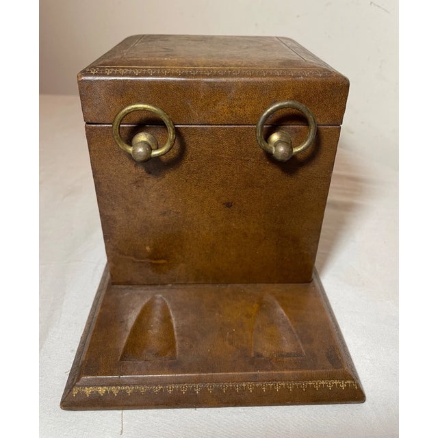 Vintage Italian Brown Leather Wrapped Brass Glass Pipe Tobacco Humidor Box Stand For Sale - Image 12 of 12