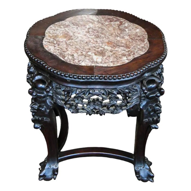 Mid 20th Century Chinese Octagon Rosewood Hand-Carved Pink Marble Top Table For Sale