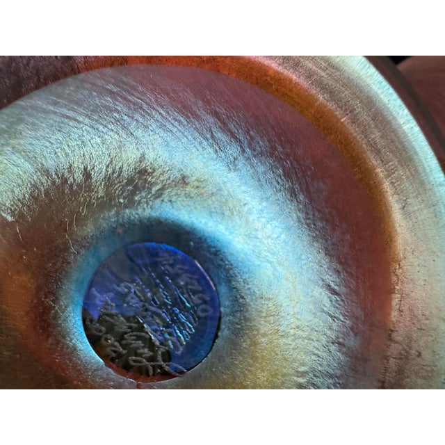 Art Deco Lundberg Studios Art Glass Trumpet Vase — Blue Iridescent Swirl, 2000 For Sale - Image 3 of 6