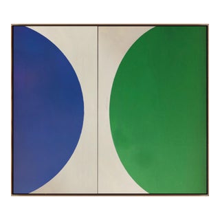 Abstract Geometric Diptych Painting, “Semicircular Forms in Blue and Green” by Brooks Burns For Sale
