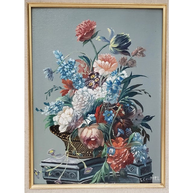 Textile Louis Emiel Chappel (1888-1963) Floral Still Life II Oil Painting C.1950s For Sale - Image 7 of 9