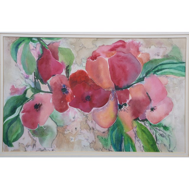 Late 20th Century Vintage Nancy Rhodes Pink Red Floral Watercolor Painting 29" For Sale - Image 5 of 11
